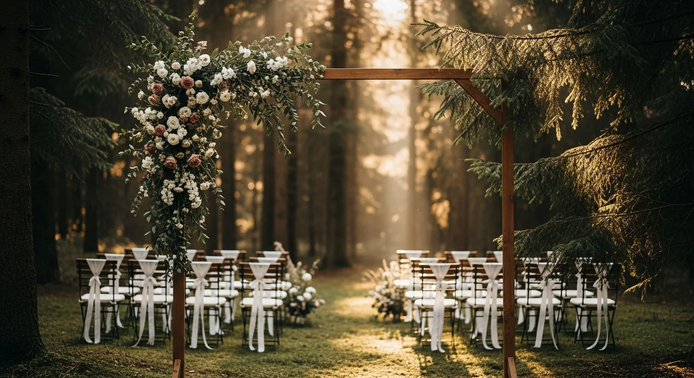 Freie Trauung mit Blumenbogen in einer Waldlichtung