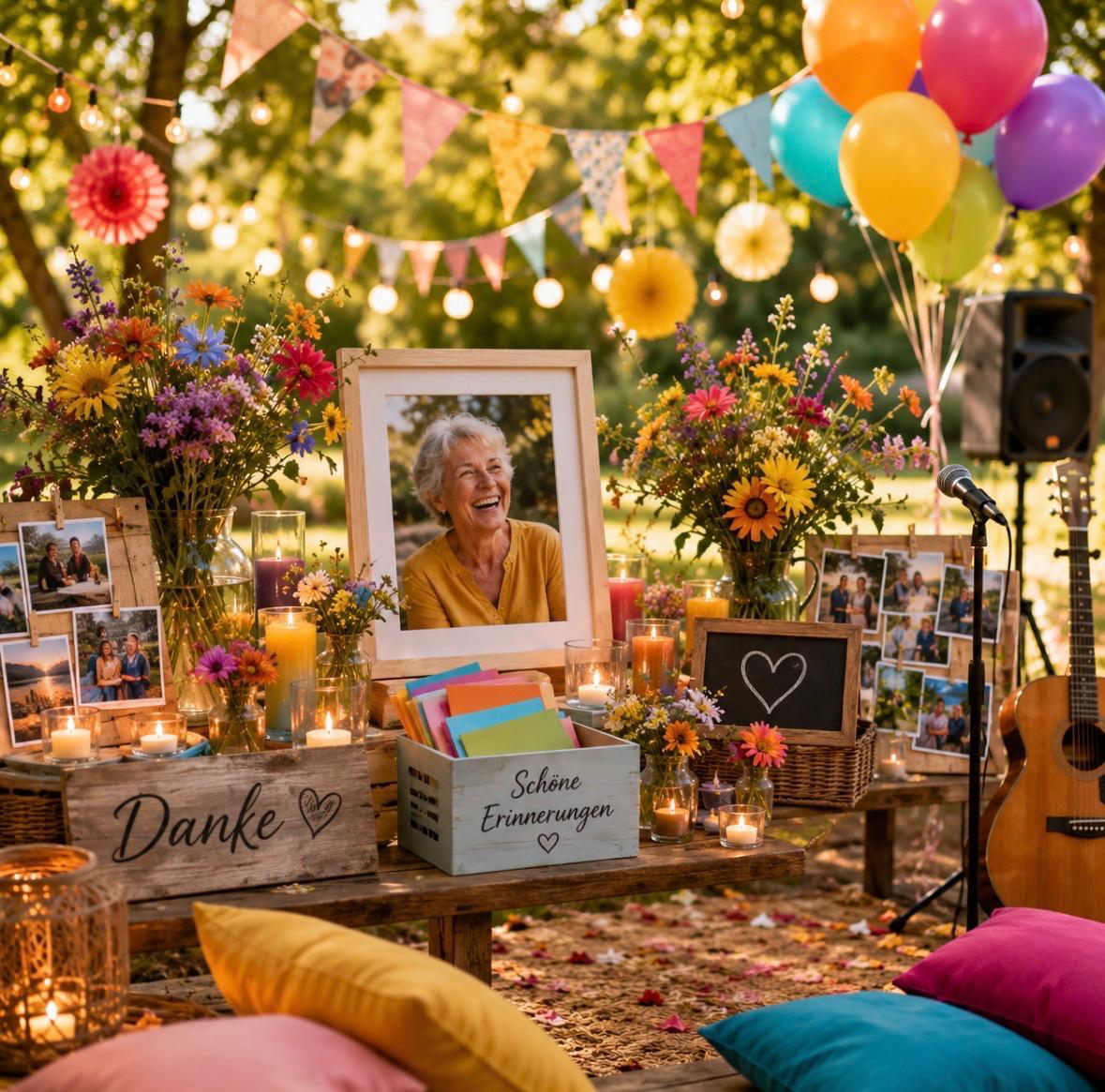 Farbenfrohe, würdevolle Erinnerungsfeier im Freien mit Porträt, Kerzen, Blumen und Gitarre